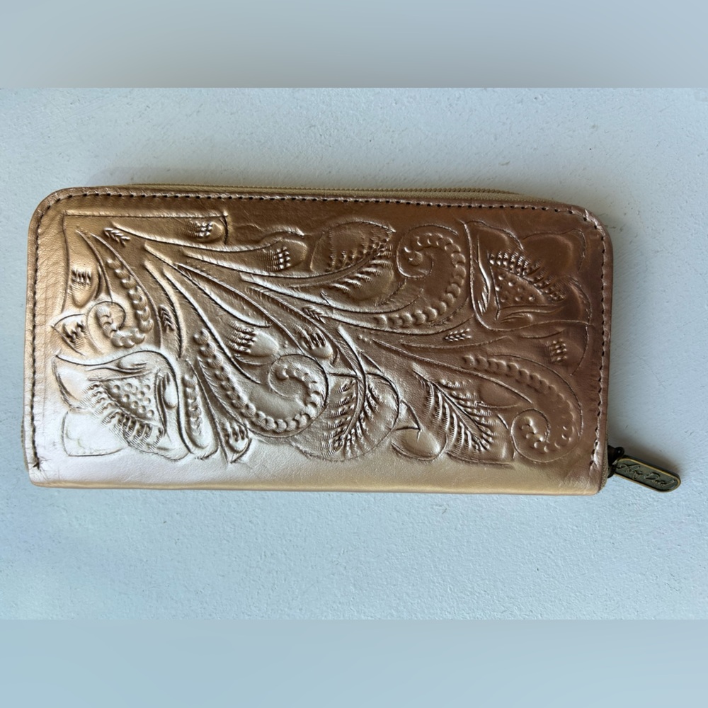 Alexis David Wallet Embossed Gold Bronze Leather Tooled Mexican Style Travel